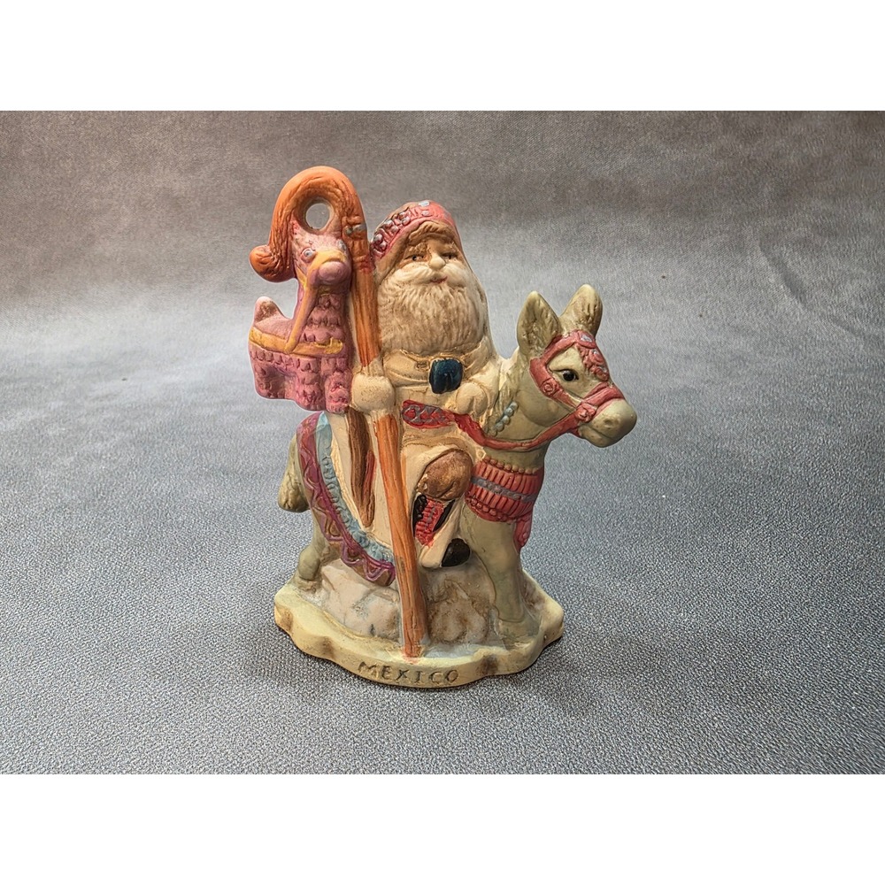 Vintage Mexico Ceramic Santa Riding Donkey Figurine Hand Painted Folk Art 5in